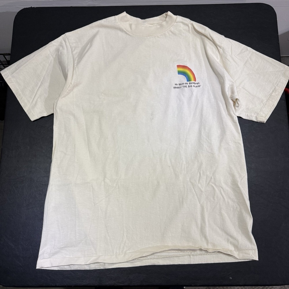 Vintage 90s No Rain No Rainbows Hawaii Rules Double Sided Art Shirt‎ Beige Sz XL